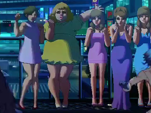 Stage from KoF XIII, zoomed in, showing two stereotype trans women alongside a group of presumably cisgendered women.