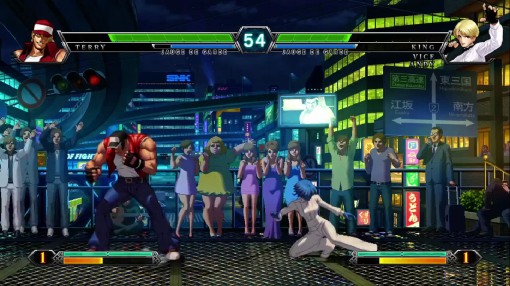 Stage from KoF XIII, showing two female-presenting people with shadowing around the beard area.