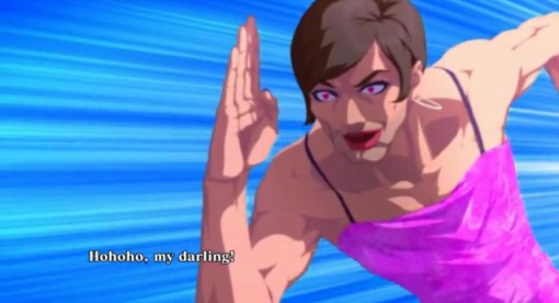Ending of Fatal Fury Team from KoF XIII, showing a trans woman chasing Joe.