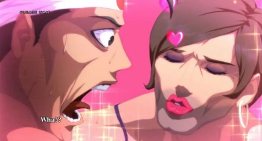The ending for the Fatal Fury Team in KoF XIII, showing a stereotyped trans woman going to kiss a horrified Joe..